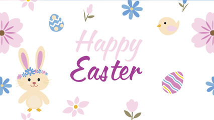 Fototapeta premium Cute cartoon bunny and chick surrounded by flowers and easter eggs with the text happy easter in pastel colors on a white background