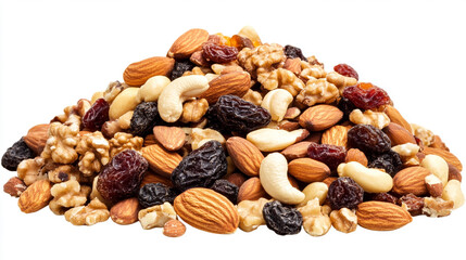 A pile of healthy trail mix with almonds, walnuts, cashews, and dried fruits on a transparent background. The scene evokes nutritious snacking, natural ingredients, energy food, and healthy eating.