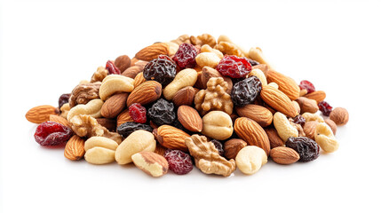 A pile of healthy trail mix with almonds, walnuts, cashews, and dried fruits on a transparent background. The scene evokes nutritious snacking, natural ingredients, energy food, and healthy eating.