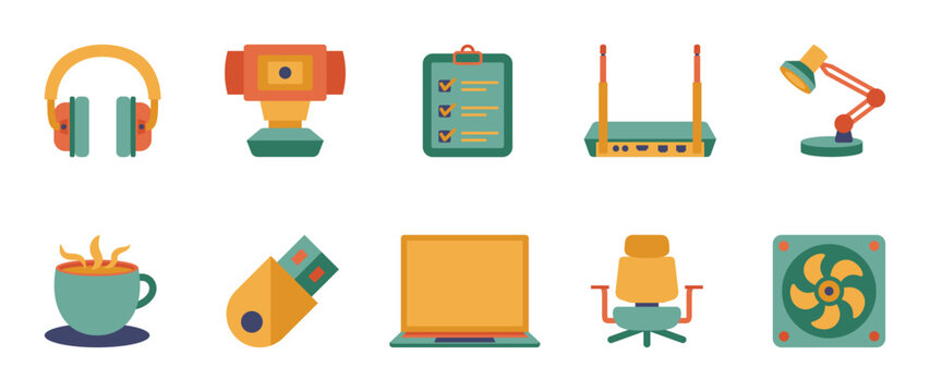 Colorful style Remote work tools vector icon set. Remote work tools vector pack is presented in a colorful style to attract attention.