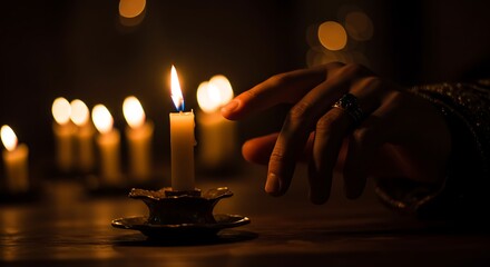 A human hand gently reaching for the warm light of a candle flame.