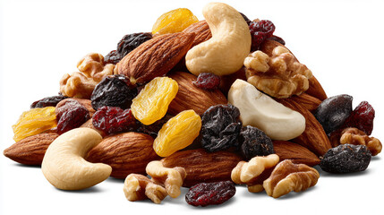 A pile of healthy trail mix with almonds, walnuts, cashews, and dried fruits on a transparent background. The scene evokes nutritious snacking, natural ingredients, energy food, and healthy eating.