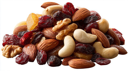 A pile of healthy trail mix with almonds, walnuts, cashews, and dried fruits on a transparent background. The scene evokes nutritious snacking, natural ingredients, energy food, and healthy eating.