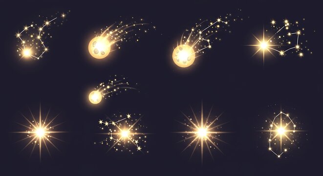 Set of glowing stars, constellations, and comets on a dark background, celestial light effects. - Powered by Adobe