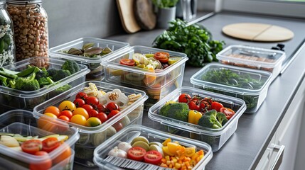 National Thrift Week: A photorealistic kitchen scene with organized meal prep containers filled with healthy homemade food, fresh vegetables, grocery receipt showing savings