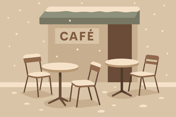 Minimalist Winter Caf&eacute;. Minimal winter caf&eacute; scene minimalist flat illustration of outdoor tables and chairs in