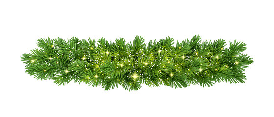 christmas garland pine tree branches with light isolated on white