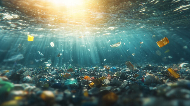 Plastic garbage and debris float underwater, illustrating marine pollution. The scene evokes environmental awareness, ocean conservation, ecological impact, and the urgent need to protect marine life. - Powered by Adobe