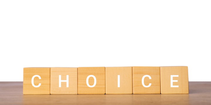 Wooden blocks with word choice for decision making concept, isolated on transparent background