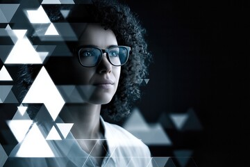 Woman In Glasses With Tech Overlay. Futuristic Concept With Triangular Digital Interface