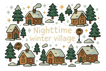 Winter Village Doodle. Nighttime winter village. Hand-drawn doodle illustration of Nighttime winter village.