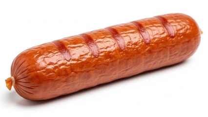 Grilled hot dog sausage isolated on white background. Cooked frankfurter with char marks, ready for a meal or snack.