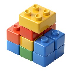 Obraz premium Bright Primary Color Plastic Building Blocks Stacked on White Background