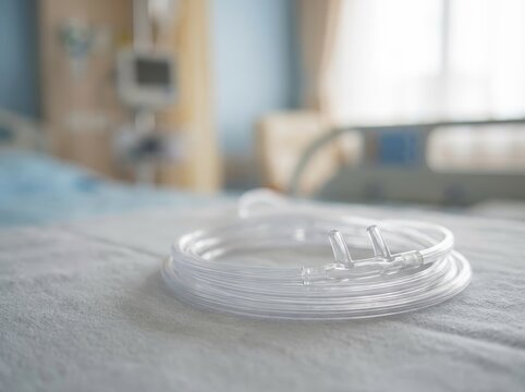 Hospital bed with nasal oxygen cannula ready for patient care