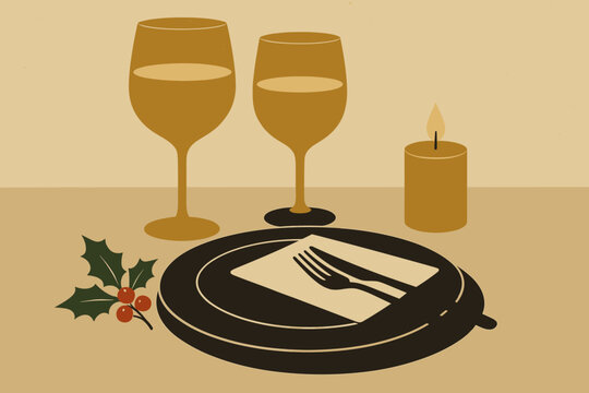 Elegant Holiday Table. Holiday dinner elegance minimalist flat illustration of a table set with golden glasses