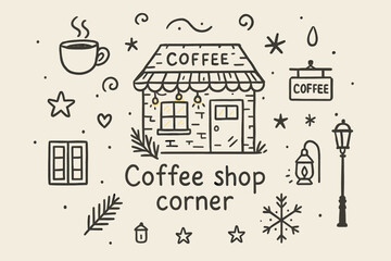 Fototapeta premium Coffee Shop Doodle. Coffee shop corner. Hand-drawn doodle illustration of Coffee shop corner. Central doodle