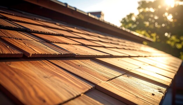 Close-up of a traditional wooden shingle roof on a sunny day showcasing texture