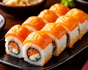 Japanese sushi on black background with baked crispy crust