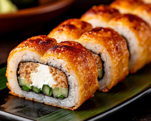 Japanese sushi on black background with baked crispy crust