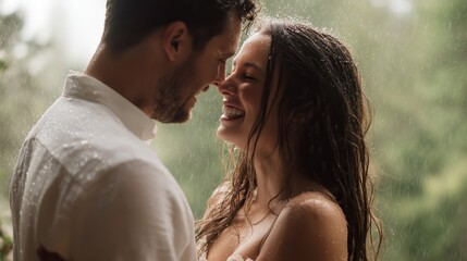 Couple enjoying a romantic moment in the rain during their outdoor wedding ceremony