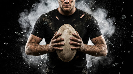 Power and determination concept with a tough, muddy rugby player holding a ball amid an explosion of smoke and glass.