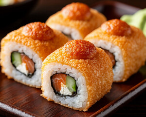 Japanese sushi on black background with baked crispy crust