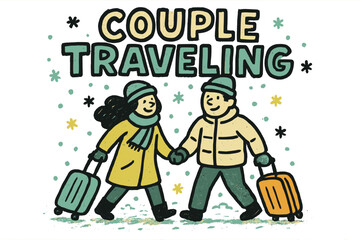 Obraz premium Winter Travel Adventure. Couple traveling with suitcases in snow. bold doodle lettering, thick black outline,