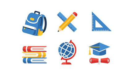 School Icons Backpack, Ruler, Pencil, Books, Globe, Graduation Cap, and Diploma