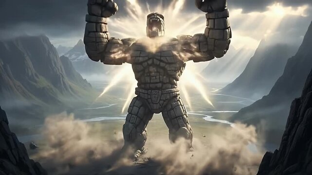 Epic stone giant golem creature in a mountain valley with dramatic light rays