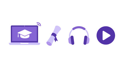 A set of modern flat vector icons for e-learning concepts, including a laptop with graduation cap, diploma, headphones, and a play button