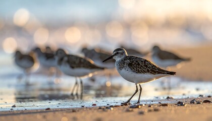 A group of small sandpipers foraging for food on a sandy beach at the waters edge during golden hour.