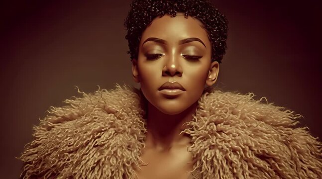 Elegant African American woman wearing a shaggy faux fur coat and knit dress posing confidently in a studio with warm lighting