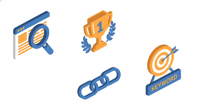 SEO success metrics ranking, keywords, links, and target audience achievement visualized