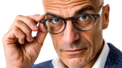 Closeup portrait of a mature man with wrinkles adjusting his glasses, ideal for themes of wisdom, intelligence, and professionalism, suitable for corporate use and personal branding.