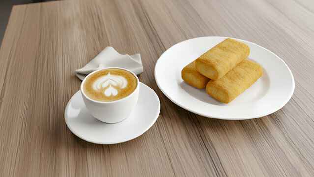 High quality food photo of deep fried dough pastry and milk coffee. Tasty traditional appetizer and beverage for cafe menu or bakery design.