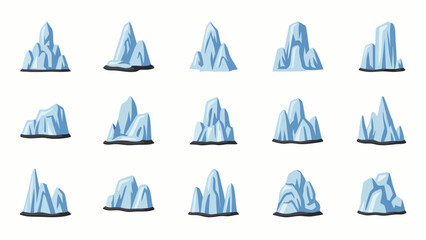 A collection of various cartoon-style blue icebergs, each with unique shapes, floating on a white background, representing arctic environments and cold weather. © Nicolas