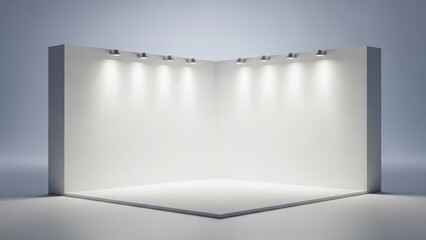 Empty exhibition booth with spotlights illuminating the display area isolated on white background