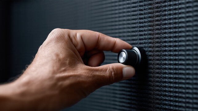 Turning Black Control Knob On High-Tech Device Panel. Close-Up Male Hand Operating Dial