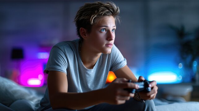 Teenage Boy Playing Video Game With Controller. Focused Expression In Neon Lit Room
