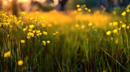 Obraz premium Golden flower field at sunset, vibrant wildflowers across a vast grassy meadow under soft light.