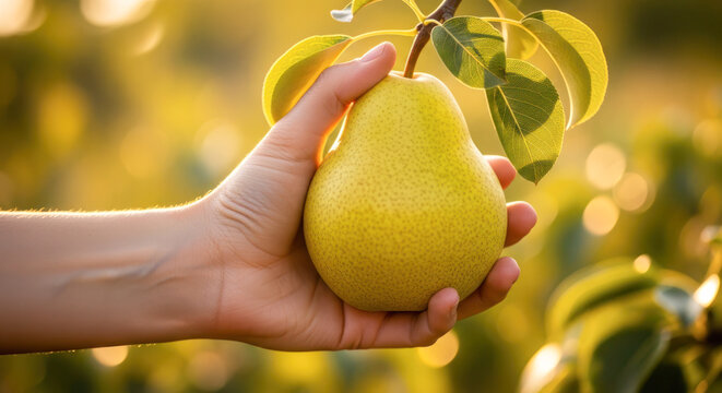 Hand holding ripe pear surrounded by lush green leaves in a sunlit orchard, showcasing the beauty of fresh fruit and nature's bounty - Powered by Adobe