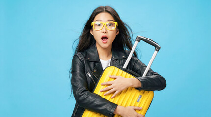 Young woman with yellow suitcase is expressing excitement against a bright blue background, showcasing travel enthusiasm and adventure spirit