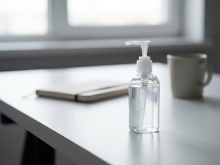 Clear hand sanitizer bottle with pump on a desk next to a notebook