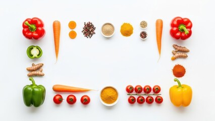 Vibrant frame of fresh organic vegetables and aromatic spices on a clean white background, healthy food concept, top view.