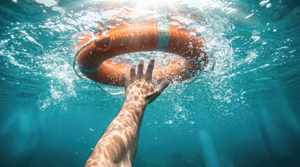 Hand reaching for a life buoy in clear blue water, with sunlight filtering through the surface, symbolizing hope and rescue in emergencies