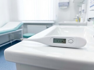Digital thermometer resting on a white sink in a medical setting