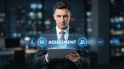 Business professional is using tablet to conduct assessment in modern office, with digital interface and city skyline visible in the background