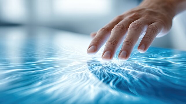 Hand Touching Interactive Energy Surface. Haptic Feedback Technology User Interface Concept