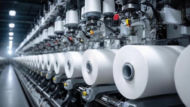 Rows of large white yarn rolls on spinning machines in a textile factory.