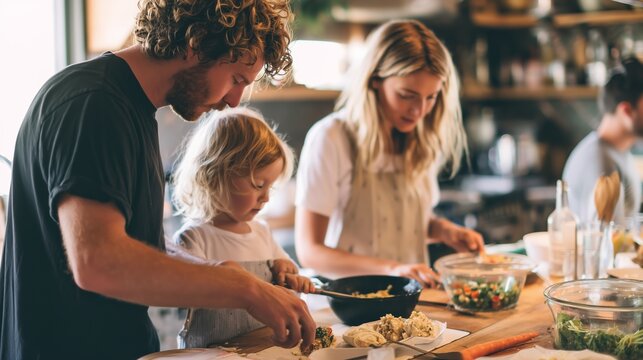 Family cooking together in a cozy kitchen during a weekend afternoon